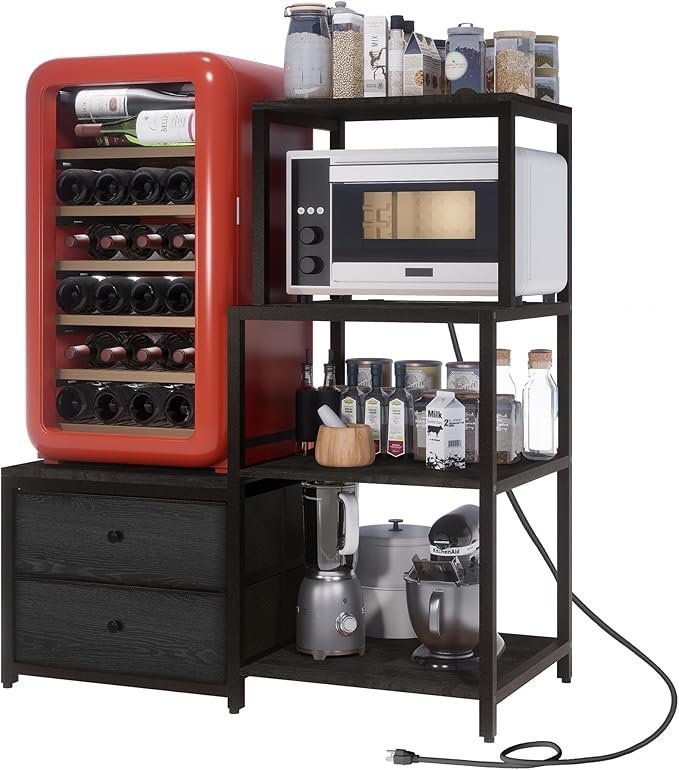 Mini Fridge Stand with Storage, Microwave and mini Fridge Stand with Power Outlet, Coffee Bar,Kitchen Baker,for Dorm,Office(Black)