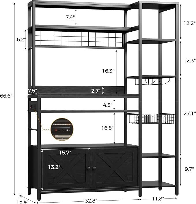 Bakers Rack with Power Outlet, Kitchen Microwave Stand with Storage Cabinet, 47.24 Inch Coffee Bar Cabinet, Kitchen Racks with Shelves, LED Light, Globlet Holder and Wine Basket, Black - Image 2