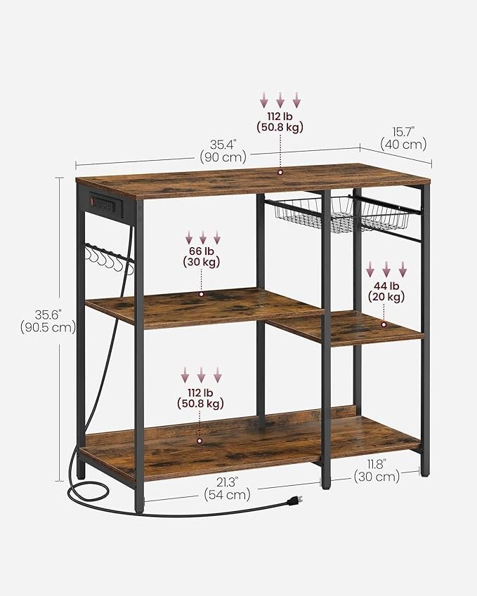 Baker's Rack, Coffee Bar Stand with Charging Station, 35.6 Inches Tall, Storage Shelves, Pull-Out Wire Basket, Table for Microwave - Image 2