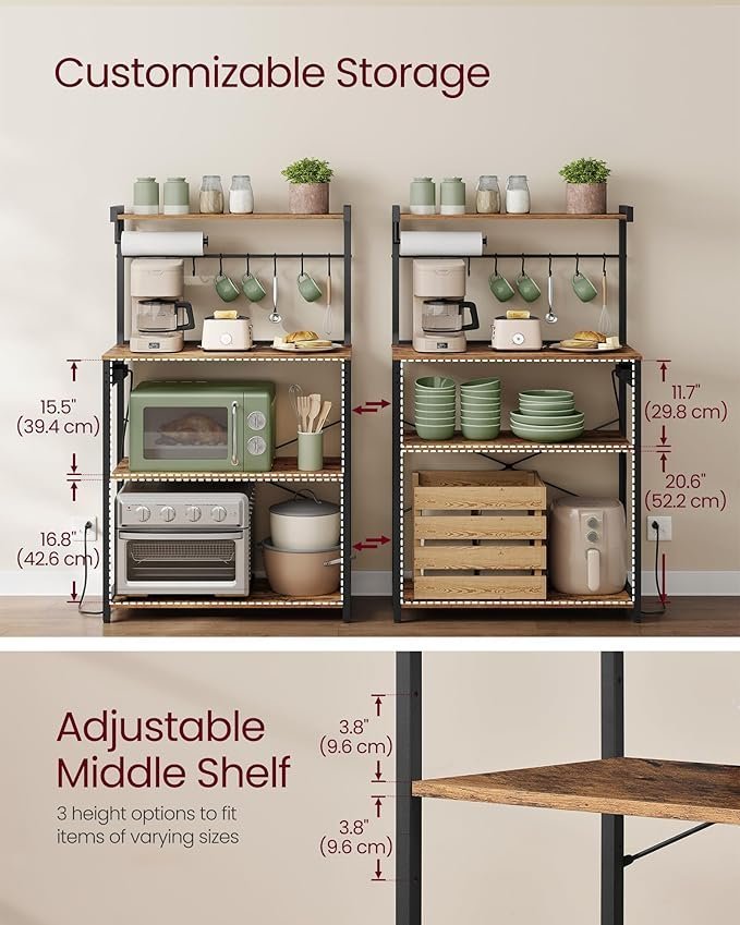 VASAGLE Kitchen Bakers Rack with Power Outlet, Coffee Bar 4-Tier with 8 S Hooks, Microwave Stand - Image 2
