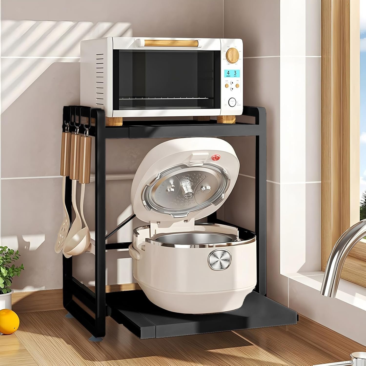 Adjustable & Extendable Kitchen Shelf with Drawer - Carbon Steel - Includes Hooks & Reinforcement Suction Cups - Easy Assembly (Black) - Image 2