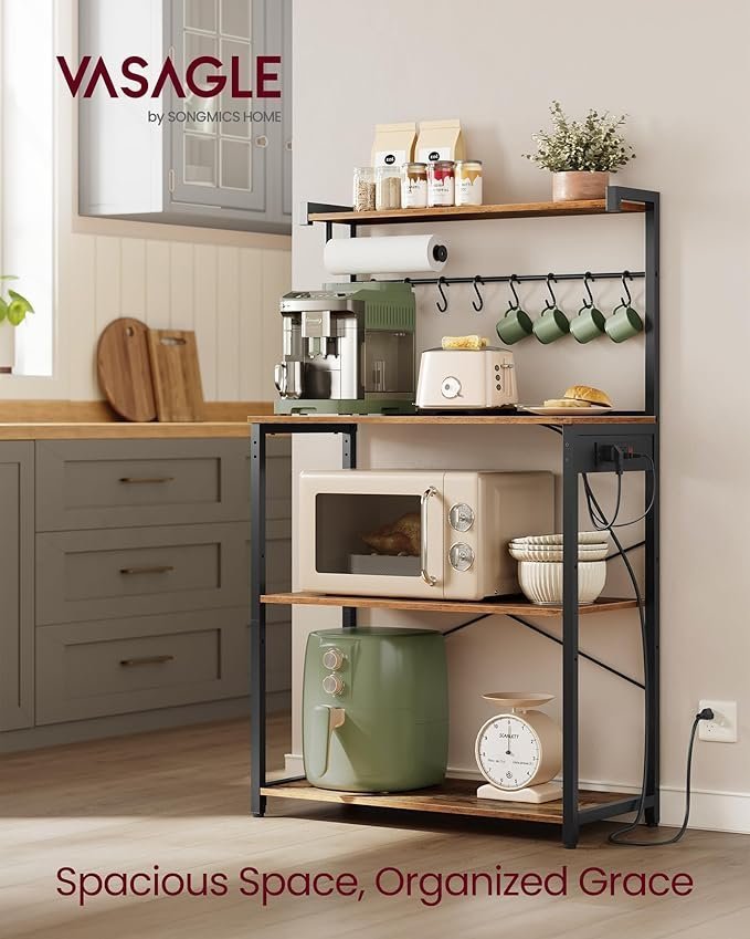 VASAGLE Kitchen Bakers Rack with Power Outlet, Coffee Bar 4-Tier with 8 S Hooks, Microwave Stand - Image 4