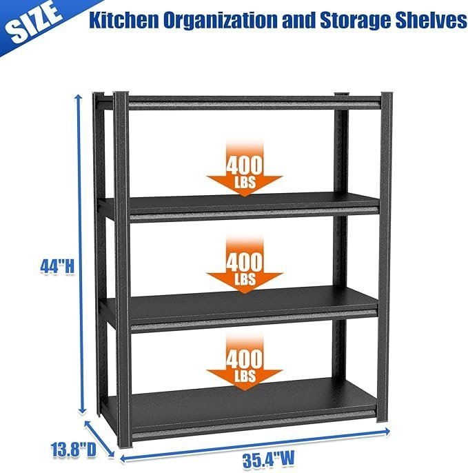 Kitchen Storage Rack 1600LBS Microwave Stand Metal Shelf Storage Shelves Adjustable Garage Shelving unit for Warehouse, Basement, Living Room, Pantry, 35.4" W × 13.8" D× 44" H, Black - Image 2