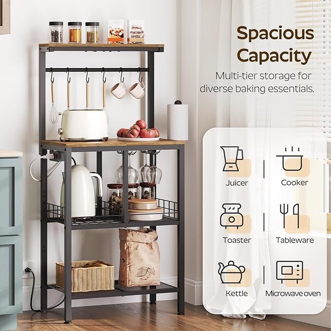 Bakers Rack with Power Outlet, Microwave Stand with Paper Holder, Coffee Bar Station with Wine Glass Holder, 4-Tier Kitchen Storage Rack for Dining Room, Living Room, Rustic Brown HB02UBR - Image 2