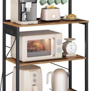 VASAGLE Kitchen Bakers Rack with Power Outlet, Coffee Bar 4-Tier with 8 S Hooks, Microwave Stand