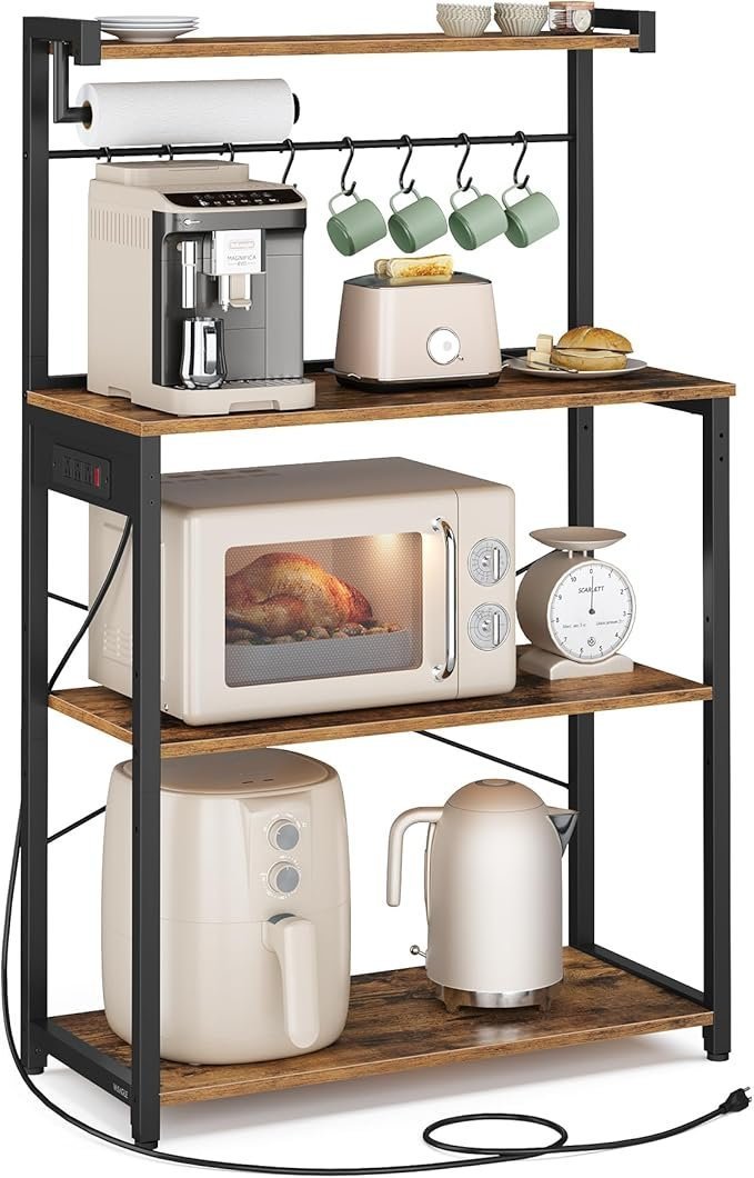 VASAGLE Kitchen Bakers Rack with Power Outlet, Coffee Bar 4-Tier with 8 S Hooks, Microwave Stand