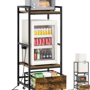 Mini Fridge Stand with Movable Drawer, Microwave Stand with Power Outlet, Mini Fridge Shelf with Adjustable Shelves, Kitchen Bakers Rack for Dorm, Dining Room, Home, Rustic Brown HB05UBR