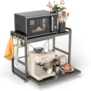 Adjustable & Extendable Kitchen Shelf with Drawer - Carbon Steel - Includes Hooks & Reinforcement Suction Cups - Easy Assembly (Black)