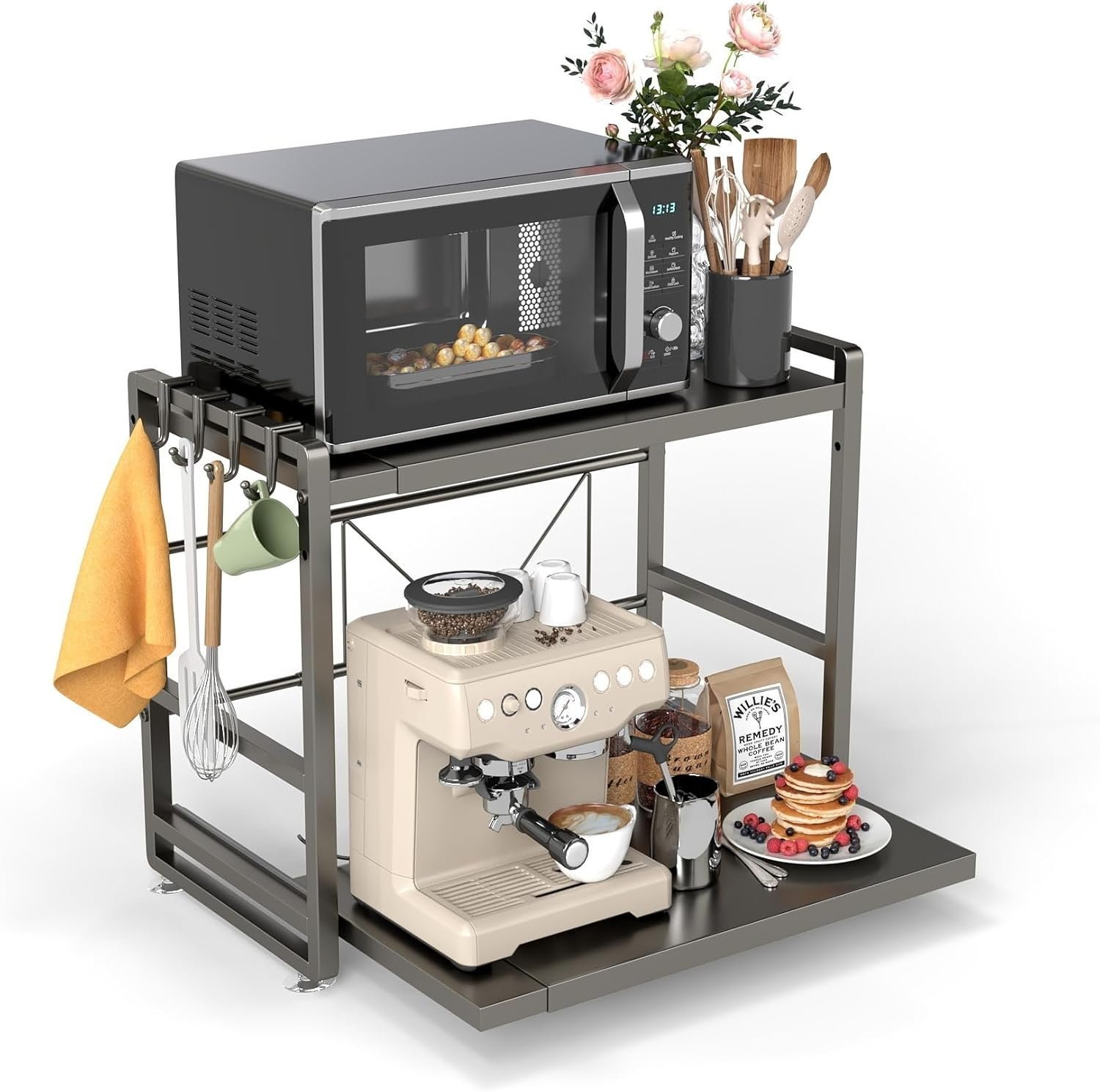 Adjustable & Extendable Kitchen Shelf with Drawer - Carbon Steel - Includes Hooks & Reinforcement Suction Cups - Easy Assembly (Black)