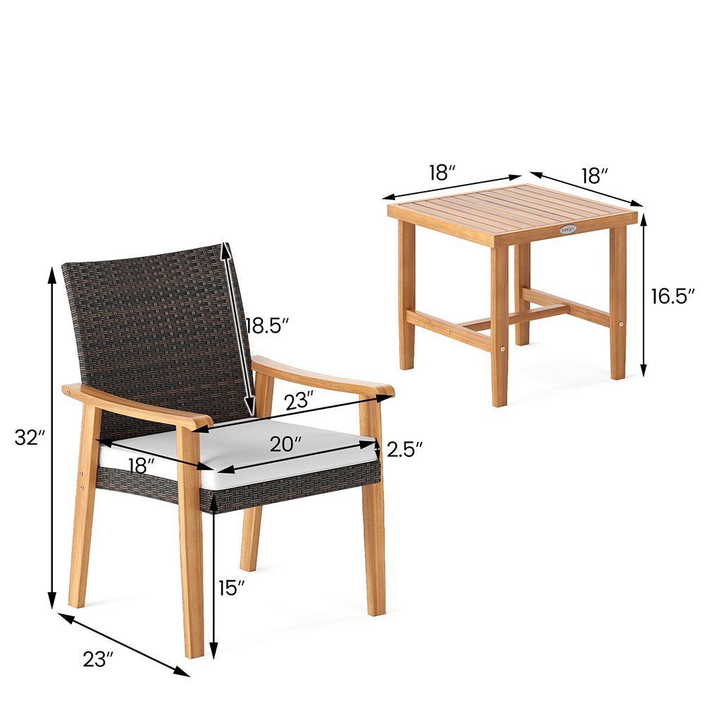 3 Pieces Patio PE Wicker Furniture Set Acacia Wood Outdoor Conversation Bistro Set - Image 4