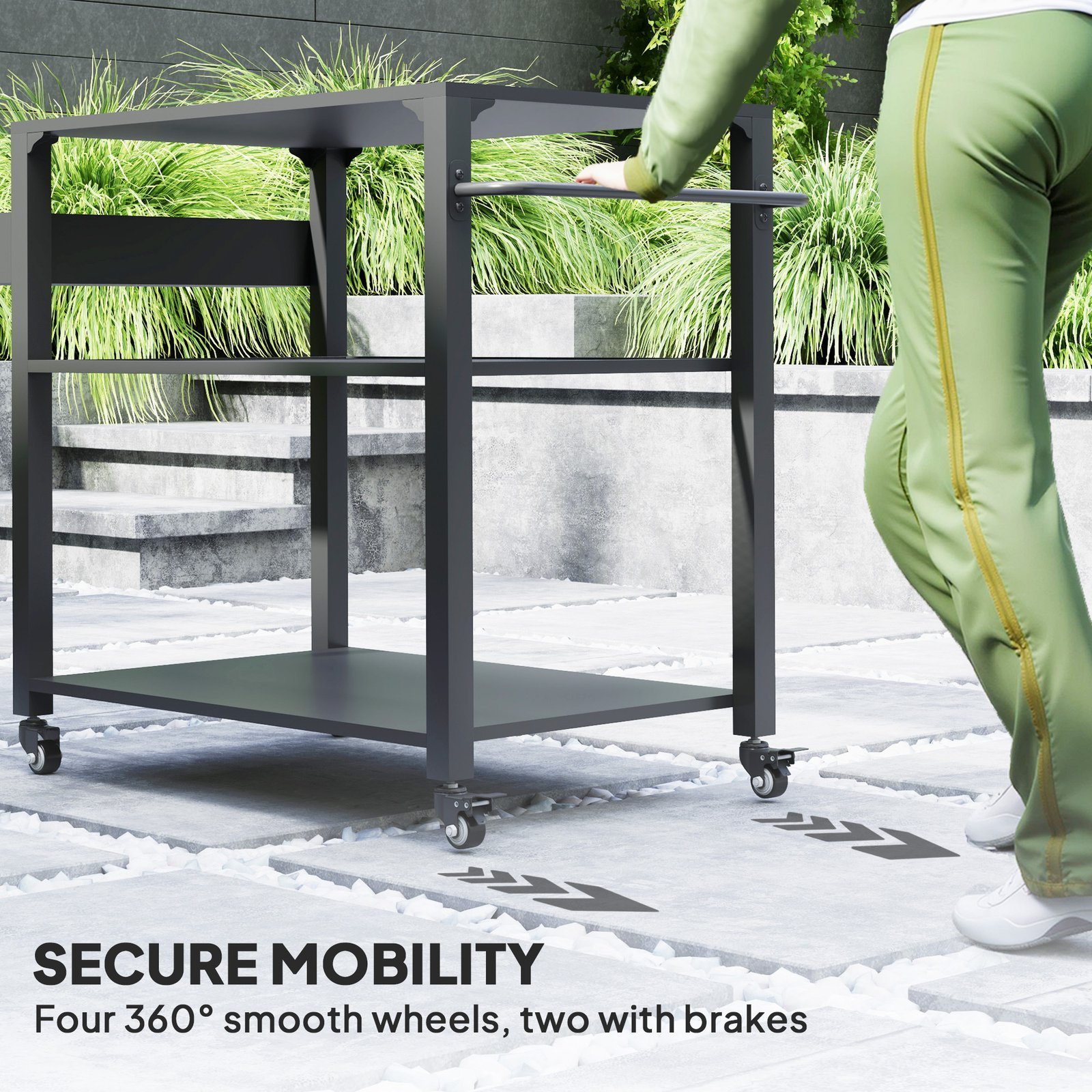 3-Tier Outdoor Grill Cart with Storage Racks, Side Handle, Movable Pizza Oven Table on Wheels - Image 8