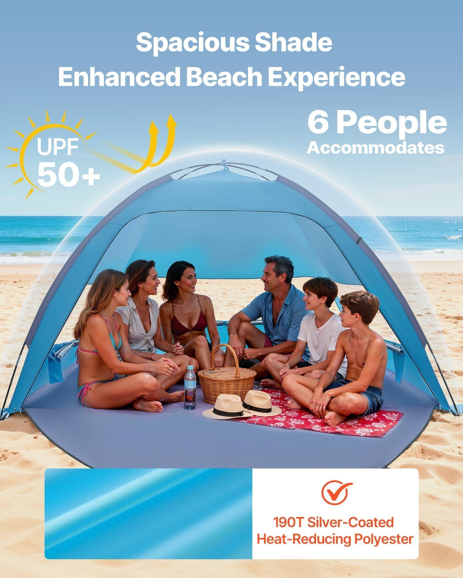 Beach Tent Sun Shelter For 6 Person, UPF 50+ Protection, Portable Sun Shade Canopy With Carrying Bag & Sand Pockets, Lightweight And Easy Setup Beach Umbrella For Camping Fishing Outdoor Picnic - Image 4