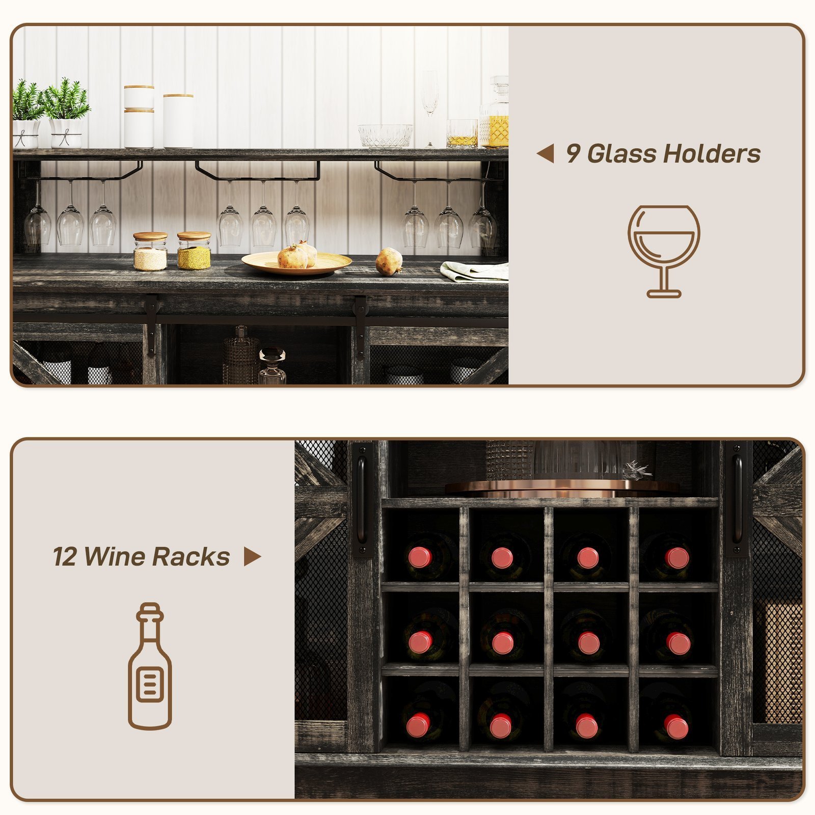 55" Coffee Bar Cabinet with Lights, Farmhouse Wine Cabinet with Wine and Glass Racks for Kitchen, Dining Room, Brown - Image 2