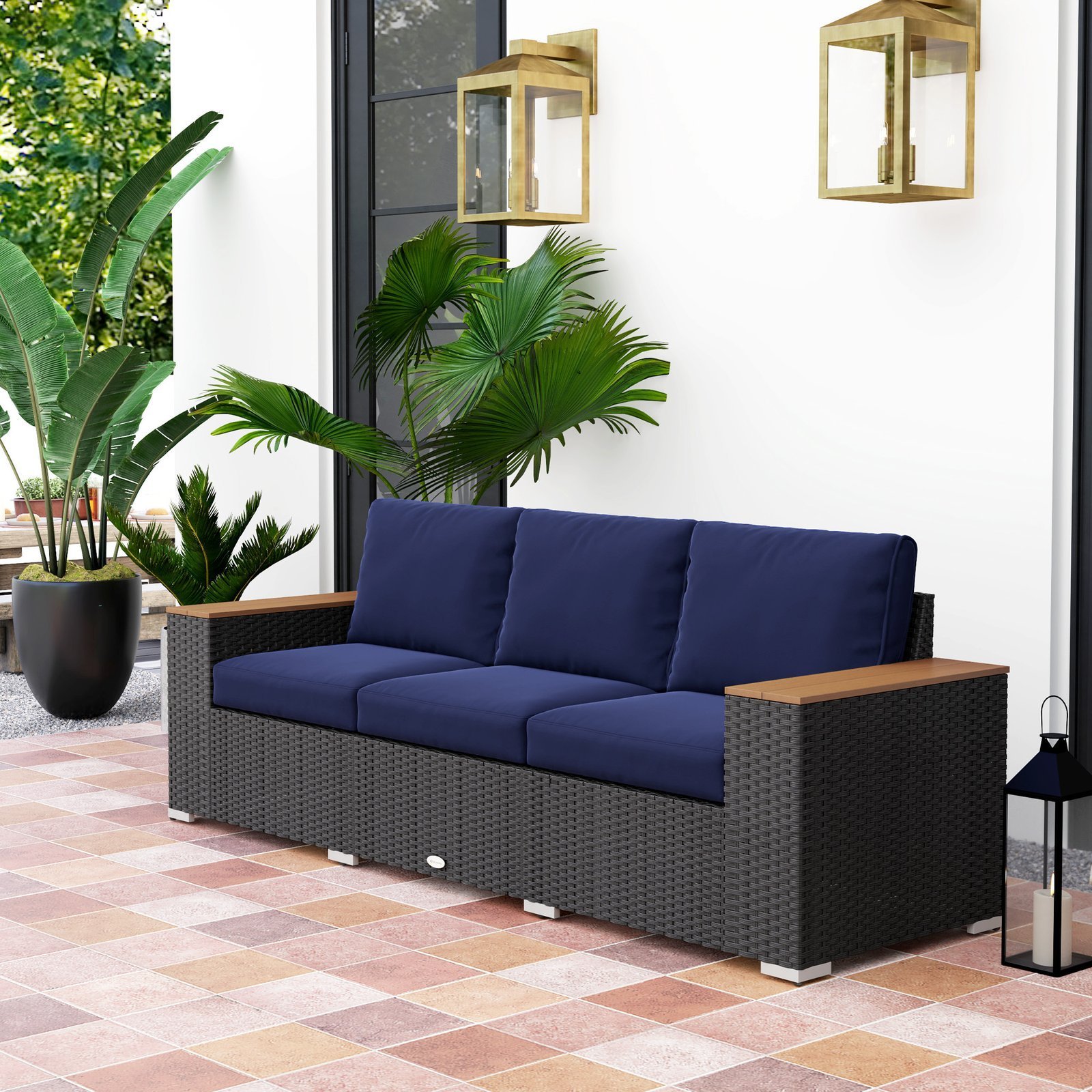 3-Seat Outdoor Patio Sofa With Cushions, PE Rattan Wicker Sofa With Wide Armrests, Outdoor Wicker Couch, Navy Blue - Image 2