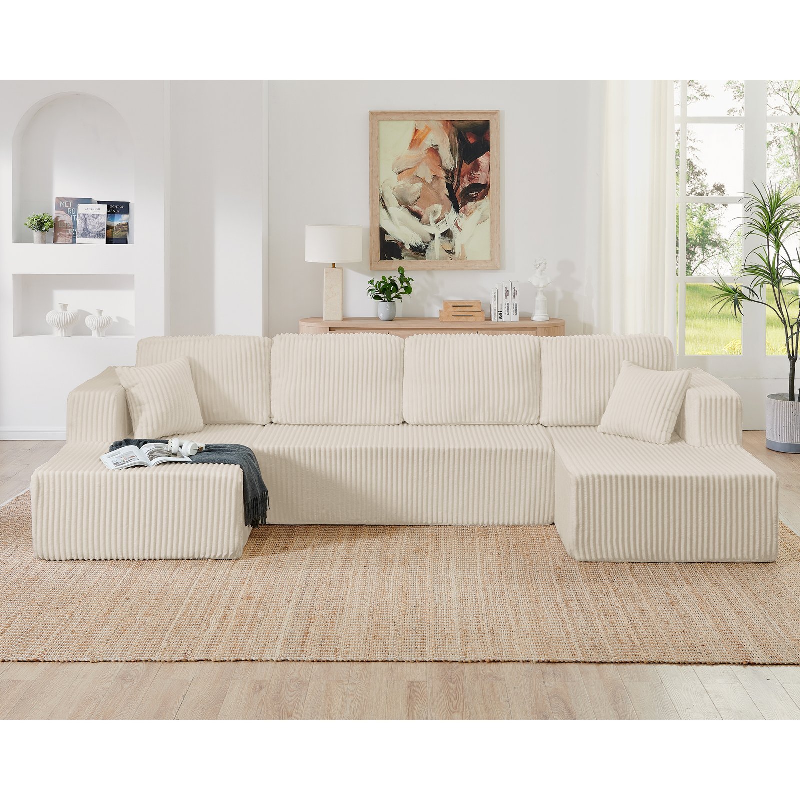 U Shape Modular Sectional Sofa, Compressed Sectional Sofa Modern Minimalist Style Corduroy Couch, Sleeper Sofa For Living Room, Bedroom, Comfy Compressed Sofa Couch Space-Efficient Design-beige - Image 5