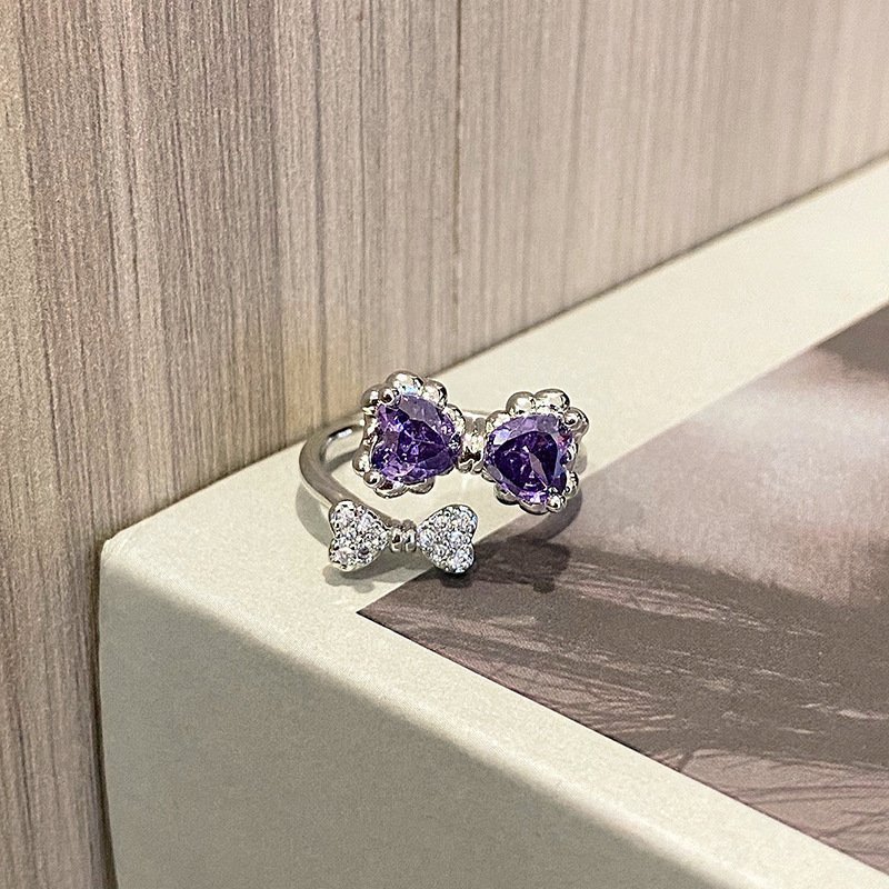 Light Luxury Sweet Cool Geometric Purple Zircon Open Ring, Niche Design Cold Style Fashion Personalized Exquisite Index Finger Ring For Women