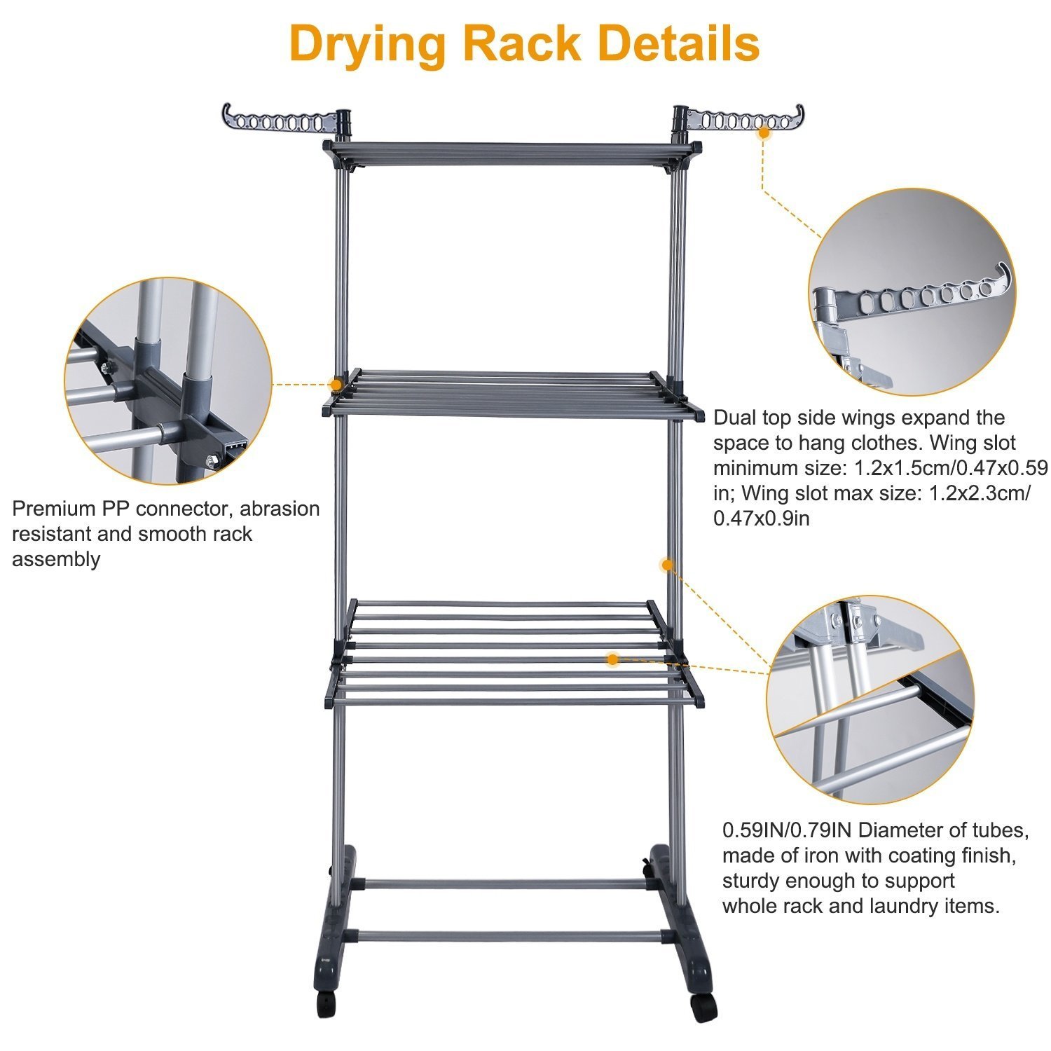 1Pc Clothes Drying Rack Rolling Collapsible Laundry Dryer Hanger Stand Rail Shelve Wardrobe Clothing Drying Racks With Dual Side Wings - Image 3
