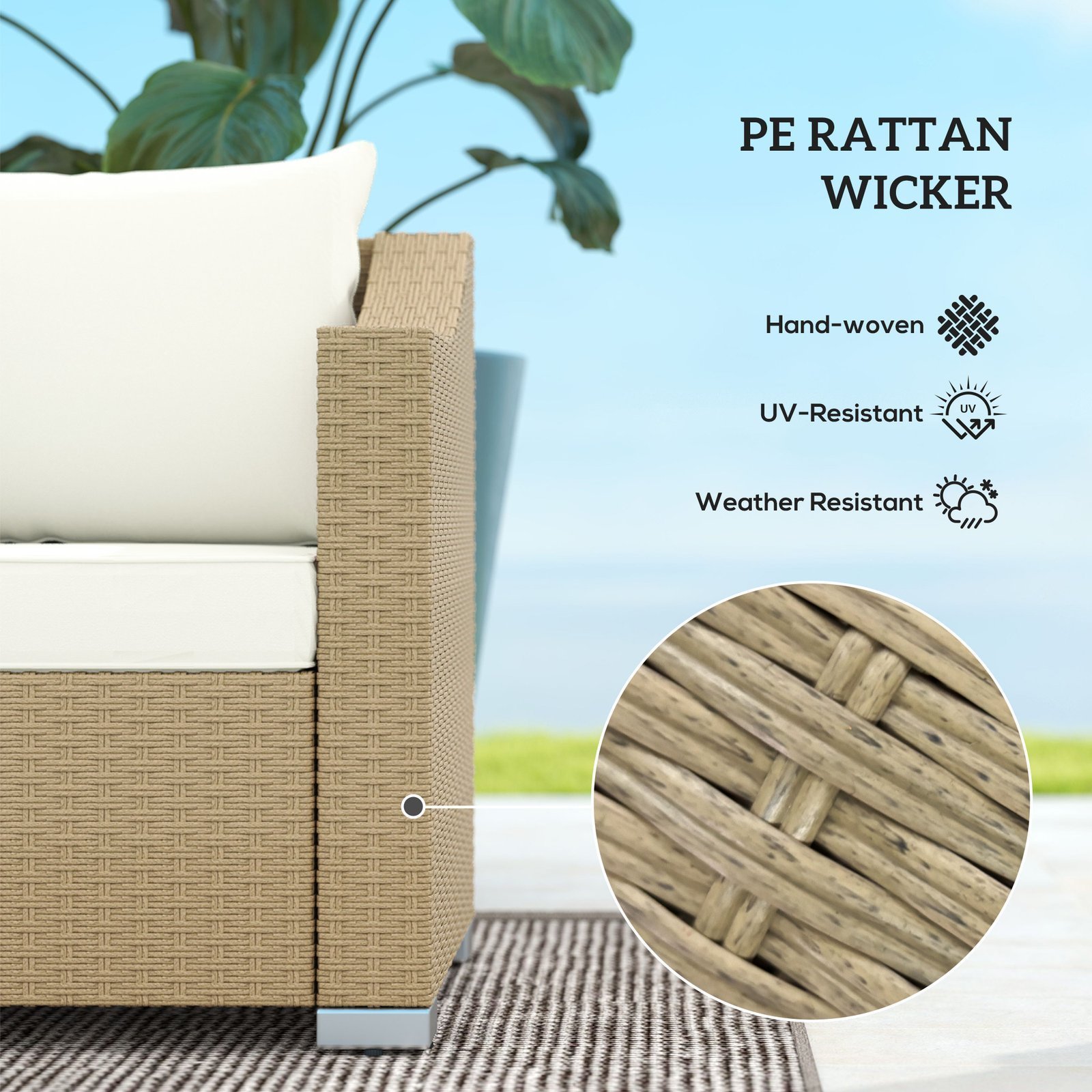 Rattan Wicker 3 Seater Patio Couch With Cushions, 2 Throw Pillows, Outdoor Furniture Rattan Sofa, Cream White - Image 5