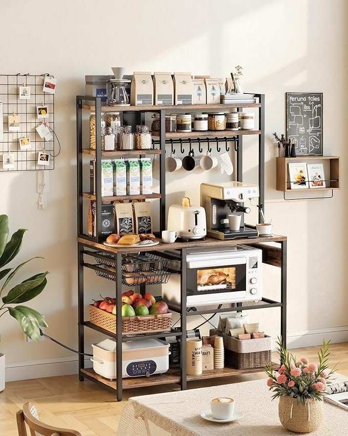 Kitchen Bakers Rack with Power Outlets, 35.4x15.7x70.9 Inch Microwave Stand with Built-in Power Strip & 5 Ft Cord, 10 S-Shaped Hooks, for Dish Storage, Spice Jars, Coffee Bar Organization - Image 2