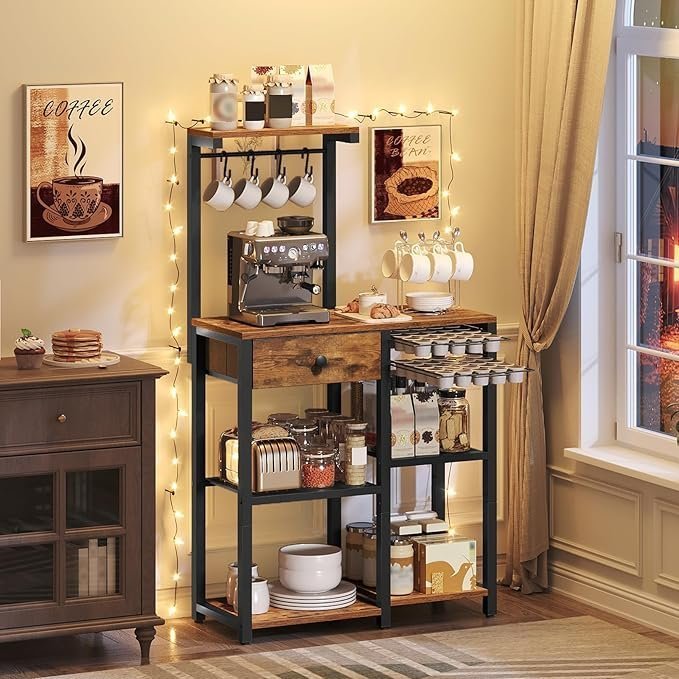 Bakers Rack with Storage, 5-Tier Coffee Bar Station with Drawer, Kitchen Coffee Stand with Pod Drawer Holder, for Living Room, Home Cafe, Kitchen, Rustic Brown KF60BRY1 - Image 2