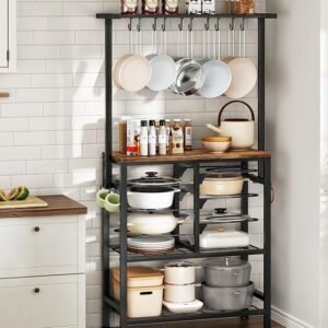 Pots and Pans Organizer Rack, Kitchen Bakers Rack, Multi-Tier Storage Shelf, Kitchen Island Table, Cooking Rack with Pots and Pans Storage, Rustic Brown and Black TPR60BF