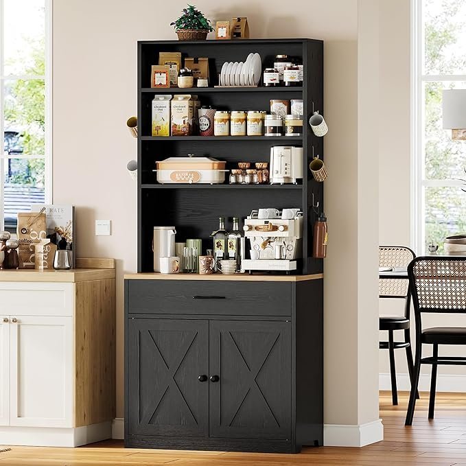 Bakers Rack Microwave Stand with Customizable Pegboard and Storage, 71" Farmhouse Coffee Bar Cabinet with Drawer, Barn Doors, Adjustable Shelves for Kitchen, Dining Room, Living Room, Black - Image 3
