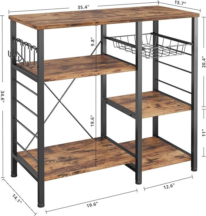 Industrial Kitchen Baker’s Rack, Kitchen Island Utility Storage Shelf, Coffee Bar Microwave Stand with 6 Hooks - Image 3