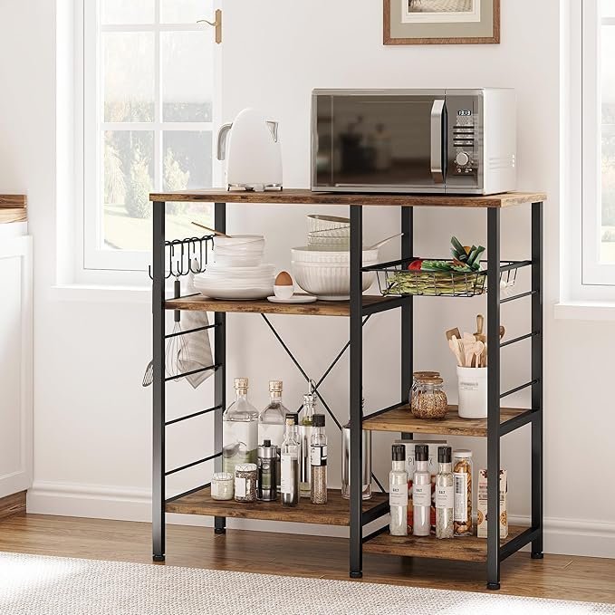 Industrial Kitchen Baker’s Rack, Kitchen Island Utility Storage Shelf, Coffee Bar Microwave Stand with 6 Hooks - Image 2