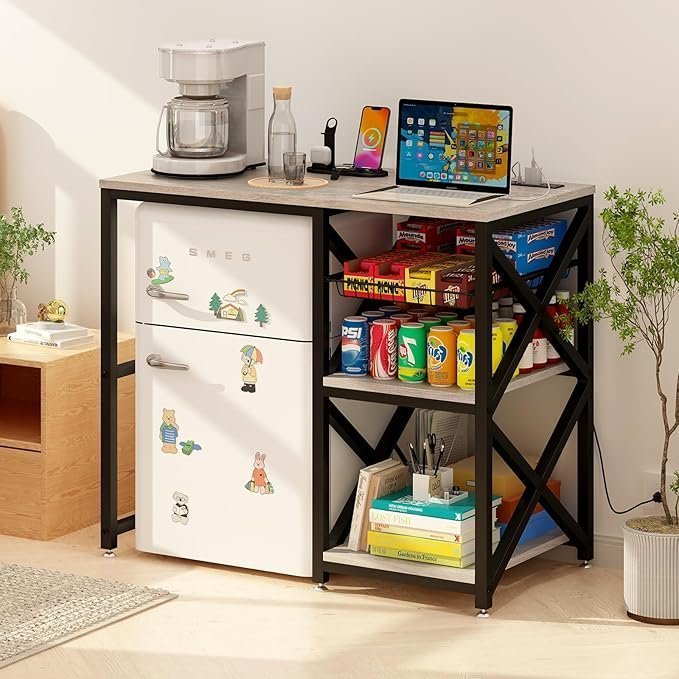Kitchen Bakers Rack with Power Outlet,Mini Fridge Cabinet with Mesh Basket, Mini Fridge and Microwave Table with Storage for Office,Kitchen,Living Room,Coffee Bar,Patio,Greige - Image 2