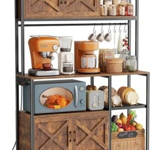 Huuger Large Bakers Rack with Power Outlet, Kitchen Microwave Stand with Cabinets, Coffee Bar