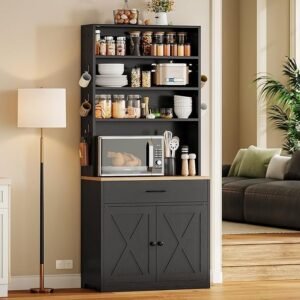 Bakers Rack Microwave Stand with Customizable Pegboard and Storage, 71" Farmhouse Coffee Bar Cabinet with Drawer, Barn Doors, Adjustable Shelves for Kitchen, Dining Room, Living Room, Black