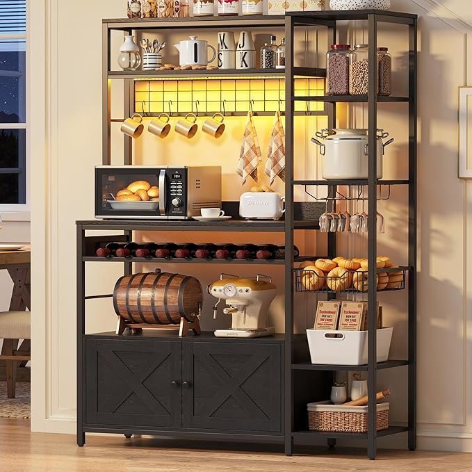 Bakers Rack with Power Outlet, Kitchen Microwave Stand with Storage Cabinet, 47.24 Inch Coffee Bar Cabinet, Kitchen Racks with Shelves, LED Light, Globlet Holder and Wine Basket, Black