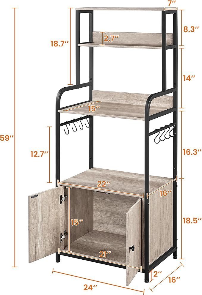 4-Tier Kitchen Bakers Rack with Storage Cabinet and Hutch, Microwave Oven Stand Coffee Bar Pantry Cabinet with 8 S Hooks, Freestanding Kitchen Shelves Spice Rack, Gray - Image 2