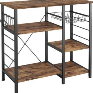 Industrial Kitchen Baker’s Rack, Kitchen Island Utility Storage Shelf, Coffee Bar Microwave Stand with 6 Hooks