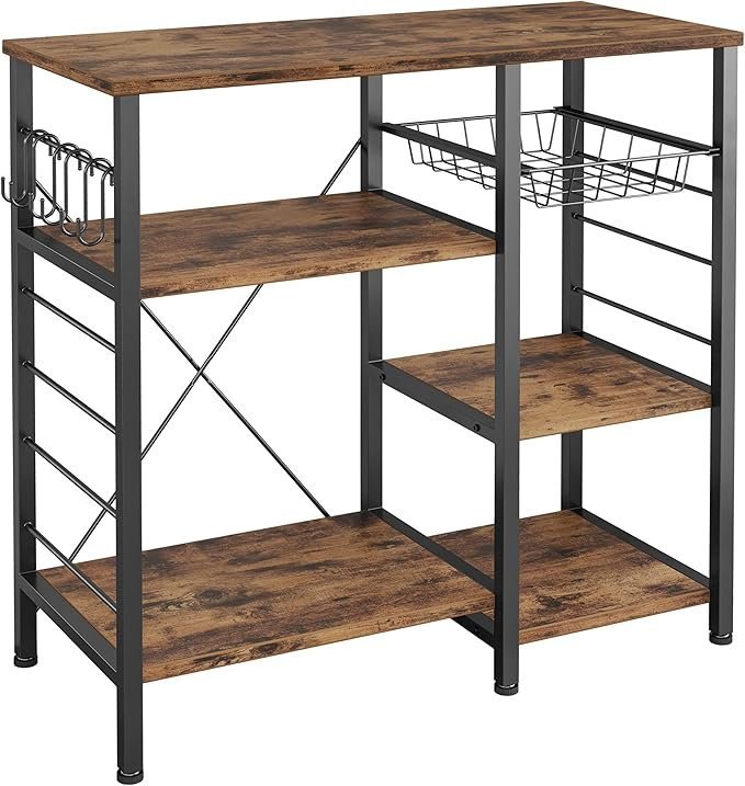 Industrial Kitchen Baker’s Rack, Kitchen Island Utility Storage Shelf, Coffee Bar Microwave Stand with 6 Hooks