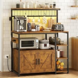 TVU Bakers Rack with Power Outlet and LED Light, Microwave Stand with Storage