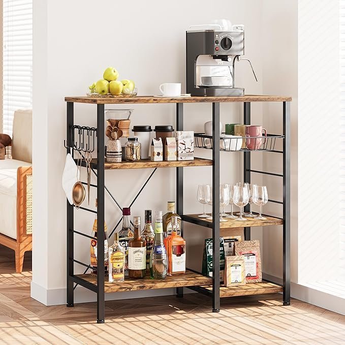 Industrial Kitchen Baker’s Rack, Kitchen Island Utility Storage Shelf, Coffee Bar Microwave Stand with 6 Hooks - Image 4