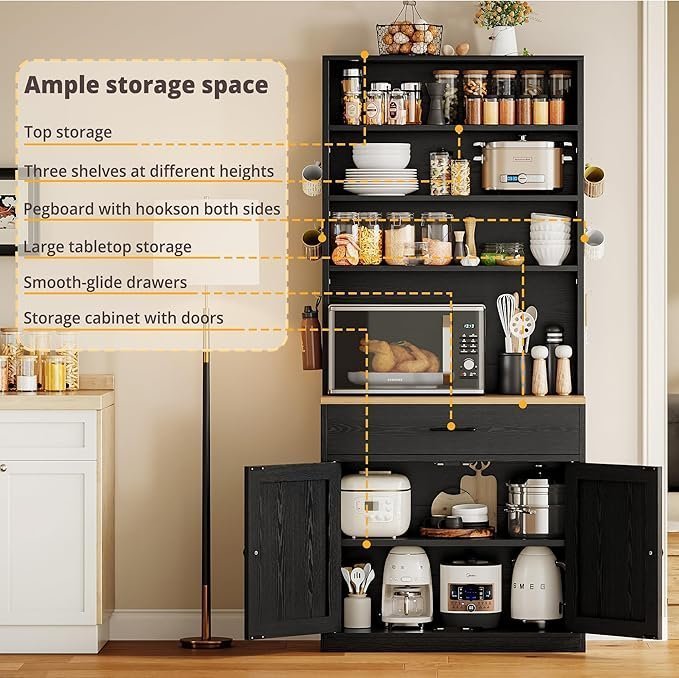 Bakers Rack Microwave Stand with Customizable Pegboard and Storage, 71" Farmhouse Coffee Bar Cabinet with Drawer, Barn Doors, Adjustable Shelves for Kitchen, Dining Room, Living Room, Black - Image 4