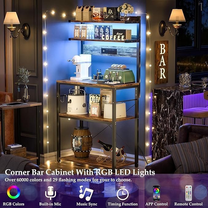 Bakers Rack with Power Outlet, Microwave Stand, 5 Tiers Coffee Bar Station with Led Lights, Kitchen Storage Shelf with 6 S-shaped Hooks, Kitchen Rack for Spices, Pots and Pans, Rustic Brown - Image 2