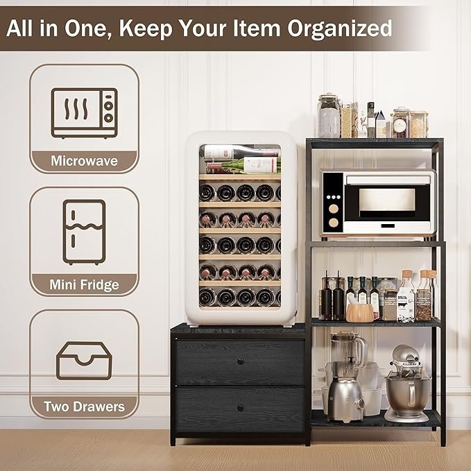 Mini Fridge Stand with Storage, Microwave and mini Fridge Stand with Power Outlet, Coffee Bar,Kitchen Baker,for Dorm,Office(Black) - Image 4