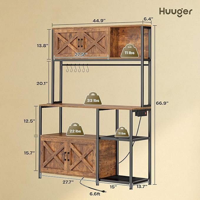 Huuger Large Bakers Rack with Power Outlet, Kitchen Microwave Stand with Cabinets, Coffee Bar - Image 2