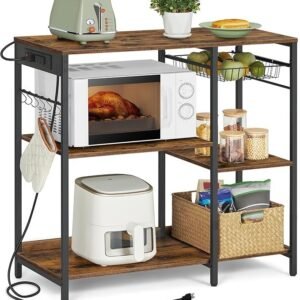 Baker's Rack, Coffee Bar Stand with Charging Station, 35.6 Inches Tall, Storage Shelves, Pull-Out Wire Basket, Table for Microwave