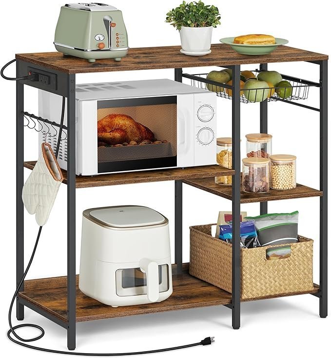 Baker's Rack, Coffee Bar Stand with Charging Station, 35.6 Inches Tall, Storage Shelves, Pull-Out Wire Basket, Table for Microwave