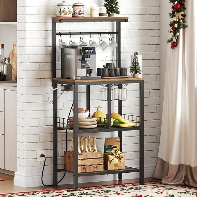 Bakers Rack with Power Outlet, Microwave Stand with Paper Holder, Coffee Bar Station with Wine Glass Holder, 4-Tier Kitchen Storage Rack for Dining Room, Living Room, Rustic Brown HB02UBR - Image 3