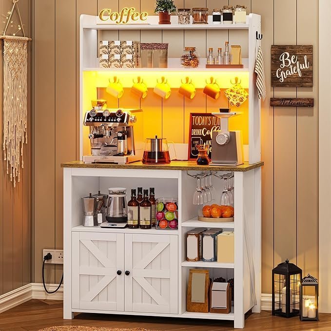 35.4 inch Bakers Rack with Power Outlet and Storage, Farmhouse Coffee Bar - Image 3