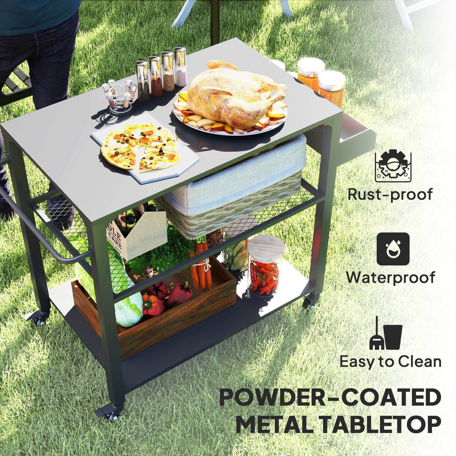 3-Tier Outdoor Grill Cart with Storage Racks, Side Handle, Movable Pizza Oven Table on Wheels - Image 3