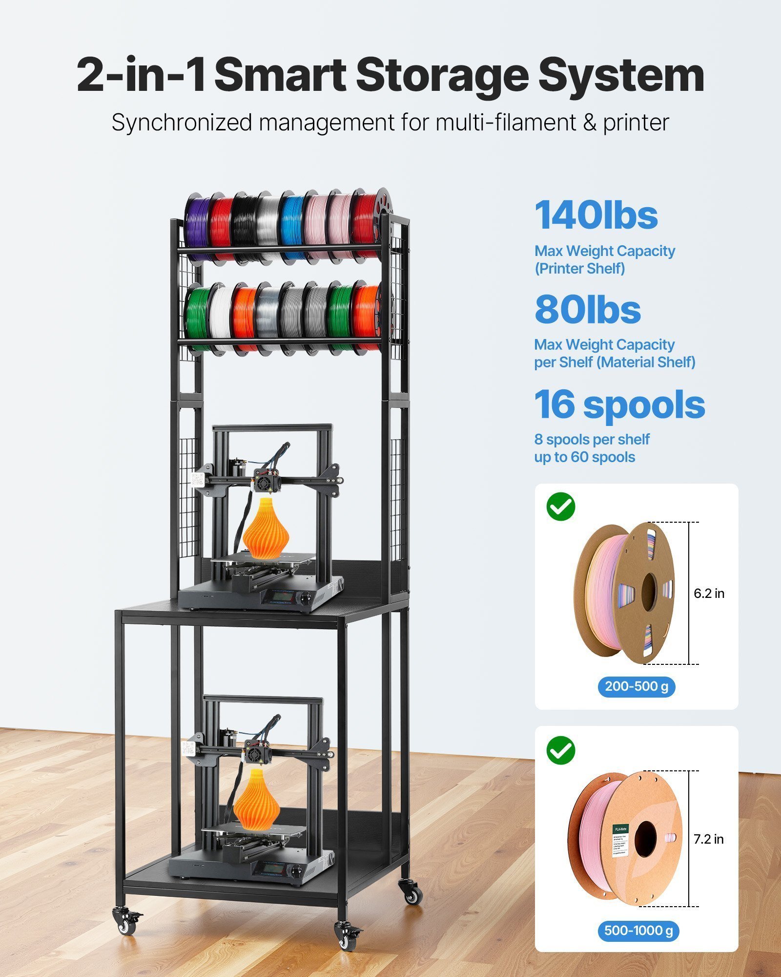 3D Printer Filament Storage Rack, 4-Tier 3D Printer Stand With Filament Storage, Spools Holder Racks Cart With Wheels, Filaments Organzied For 3D Printing Station, Office, Workshop (Shelf Only) - Image 3