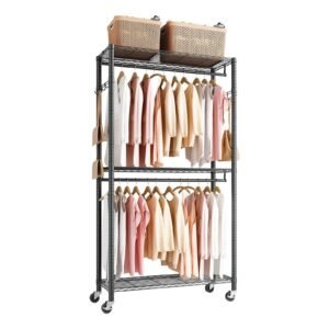Rolling Clothes Rack, Heavy Duty Clothing Garment Rack, 3 Adjustable Tiers Clothing Racks With Carbon Steel, 450 Lbs Load Capacity Closet Wardrobe For Bedroom, Clothing Store, Hallway