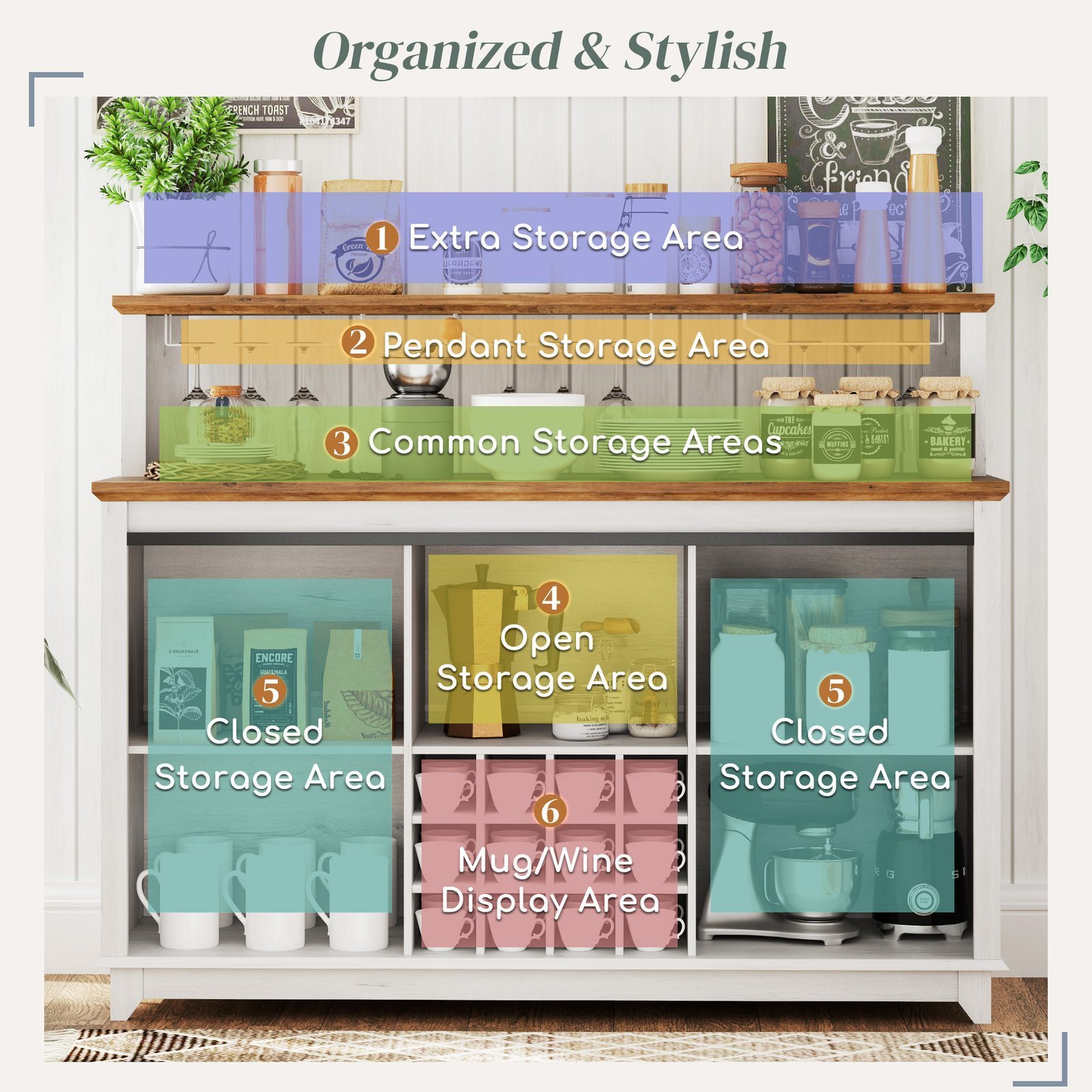 55" Coffee Bar Cabinet with Lights, Farmhouse Wine Cabinet with Wine and Glass Racks for Kitchen, Dining Room, White - Image 2