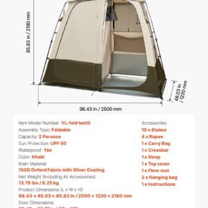 Camping Shower Tent, 2-Room Foldable Privacy Tent Changing Room With Ground Stakes, Ropes, Carry Bag, And Crossbar, 150D Oxford Fabric With Silver Coating, For Camping, Beach, And Fishing